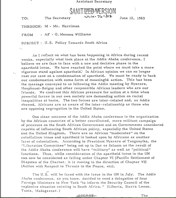 The Secret June 12, 1963, memo from Gov. Mennen Williams to Secretary Rusk.