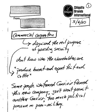  March 2000 notes of Chiquita Senior Counsel Robert Thomas indicate awareness that payments were for security services.